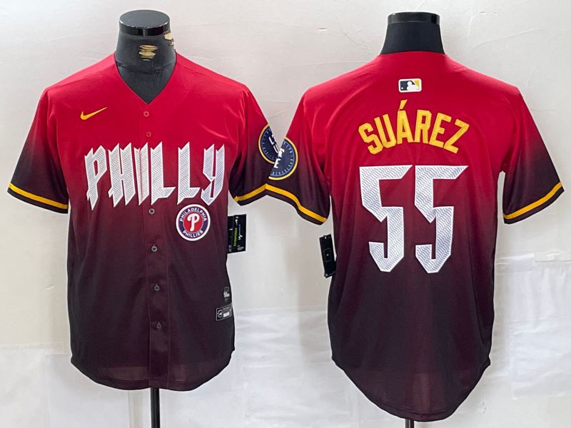 Men Philadelphia Phillies #55 Suarez Red City Edition Nike 2024 MLB Jersey style 2